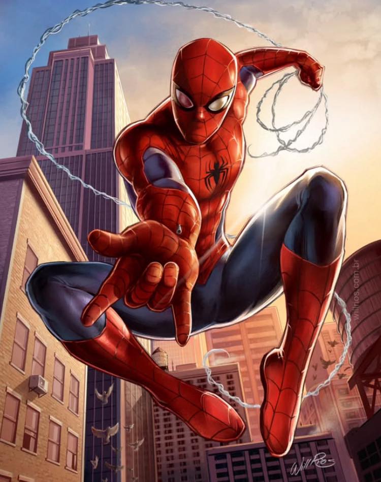Spiderman Swinging In Cityscape Print Poster