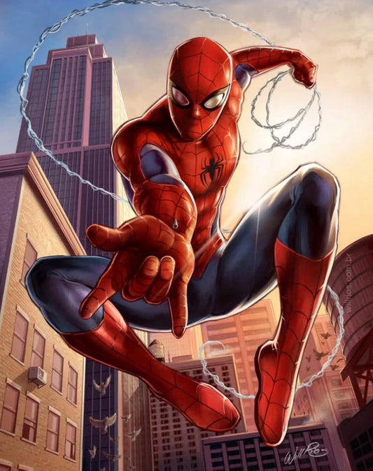 Spiderman Swinging In Cityscape Print Poster