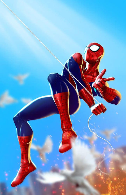 Spiderman Swinging Sunlight Doves Print Poster