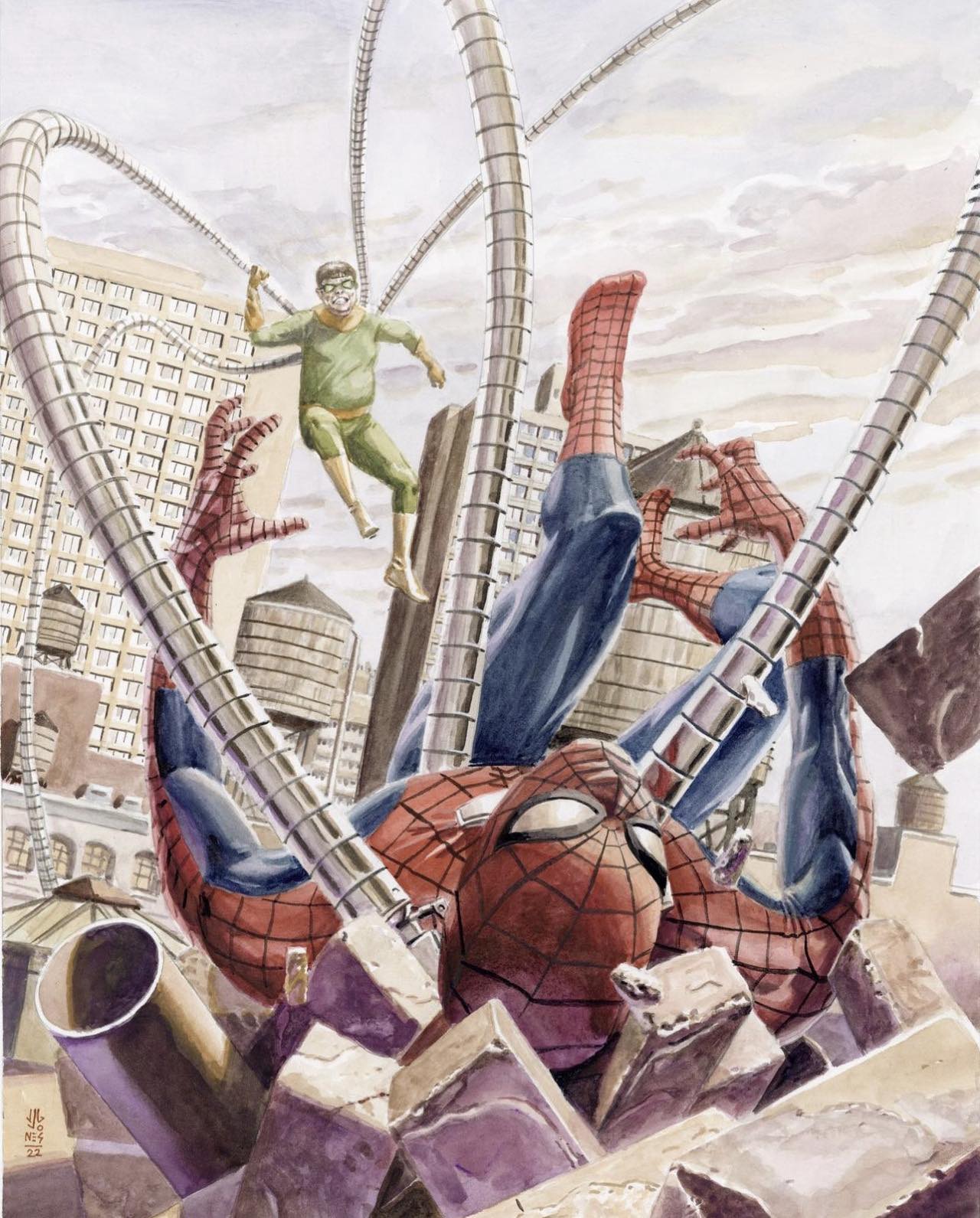 Spiderman Vs Doc Oc Battle Scenery Print Poster