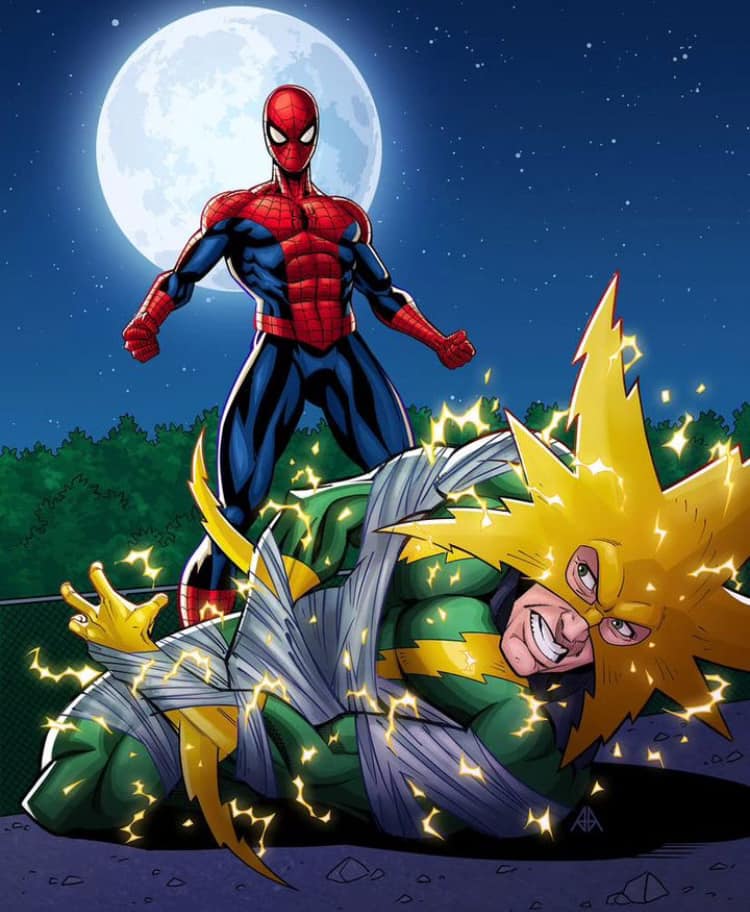 Spiderman Vs Villain Nightscape Print Poster