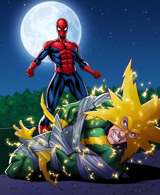Spiderman Vs Villain Nightscape Print Poster