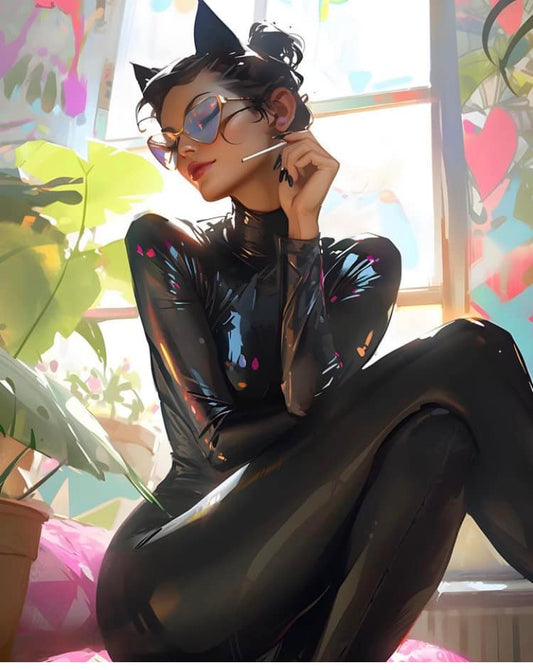 Stylish Woman Black Outfit Sunglasses Indoor Setting Print Poster