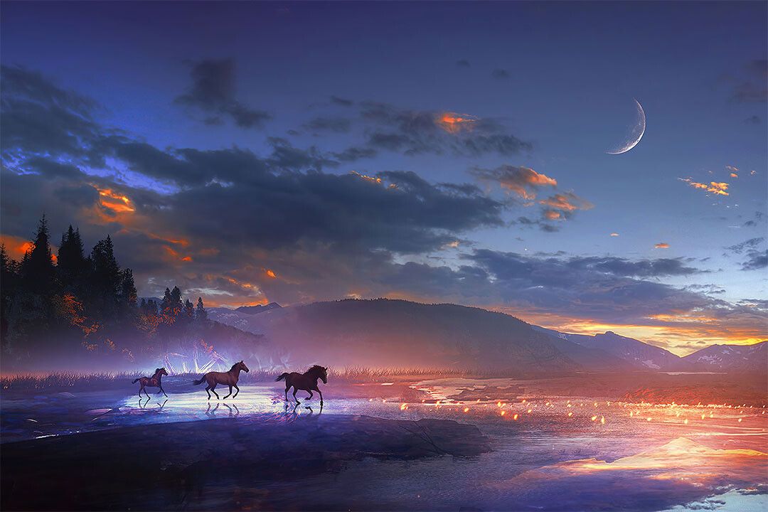 Sunset Horse Animals Sky Scape Painting Jigsaw Puzzle