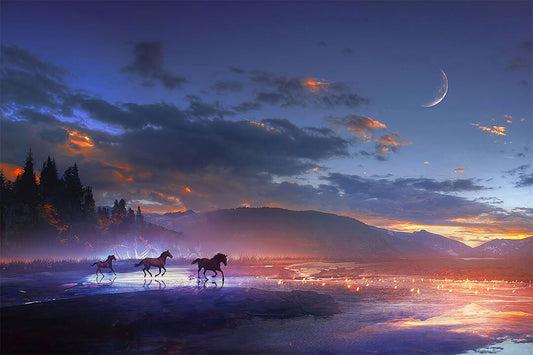 Sunset Horse Animals Sky Scape Painting Jigsaw Puzzle
