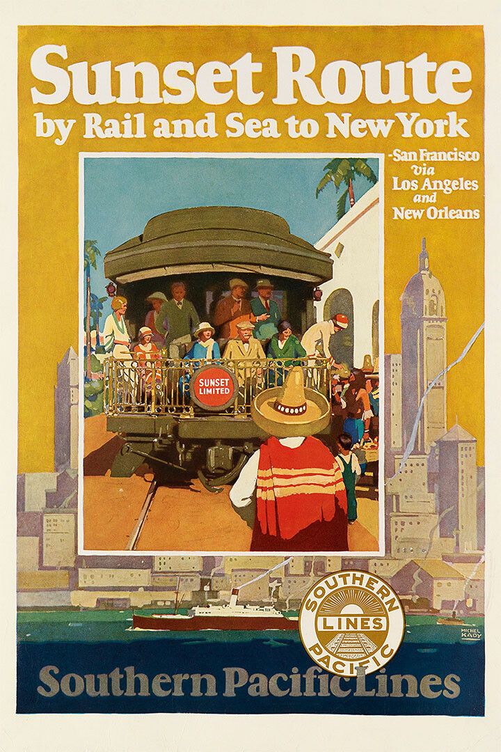Sunset Route By Rail Southern Pacific Rr 1930S Vintage Wall Art Poster
