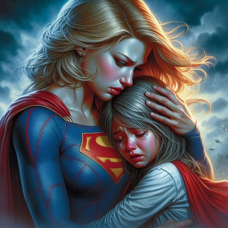 Supergirl Embrace With Vulnerable Child Print Poster