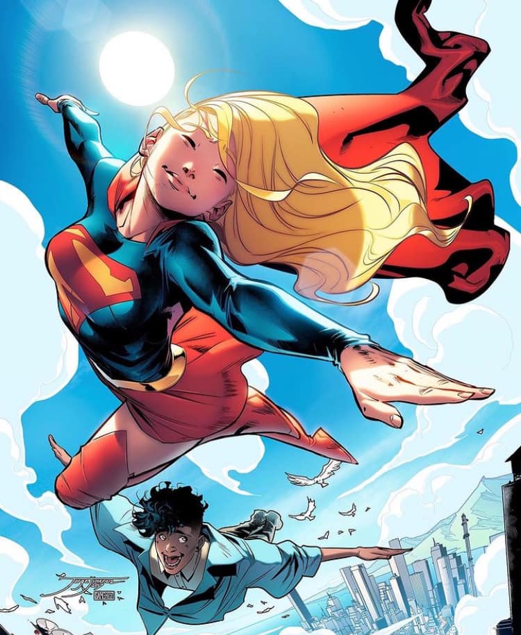 Supergirl Flying With Friend Sunny Sky Print Poster