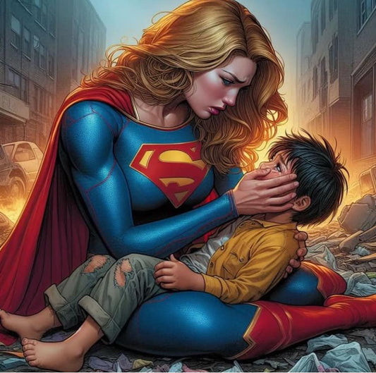 Supergirl Rescue Child Amid Rubble Print Poster