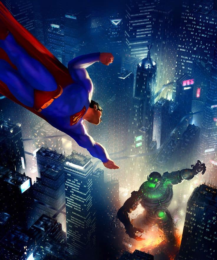 Superhero Battle Cityscape (4) Print Poster