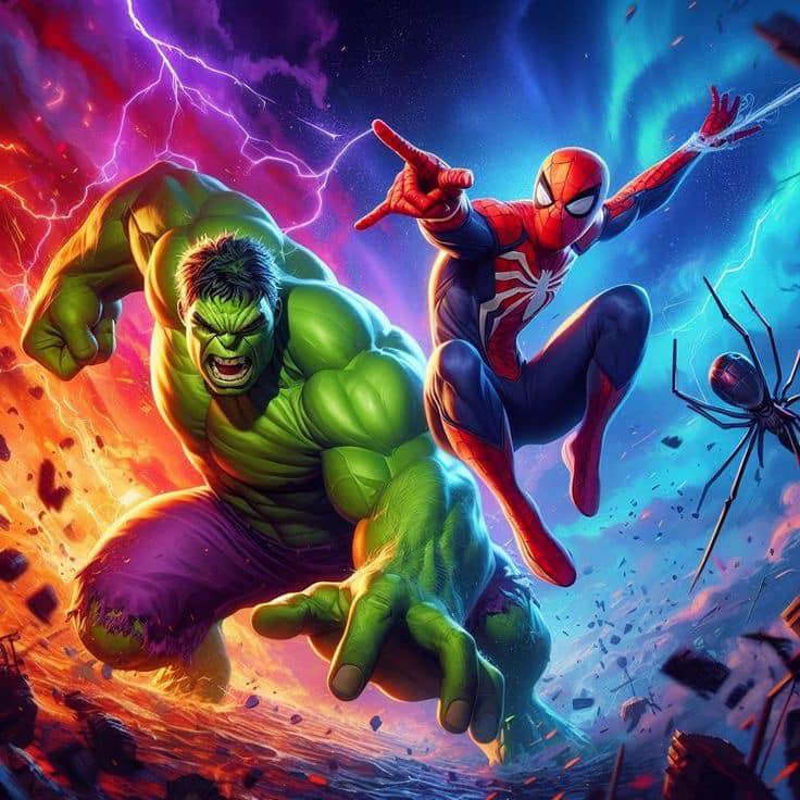 Superhero Battle Hulk Spiderman Print Poster