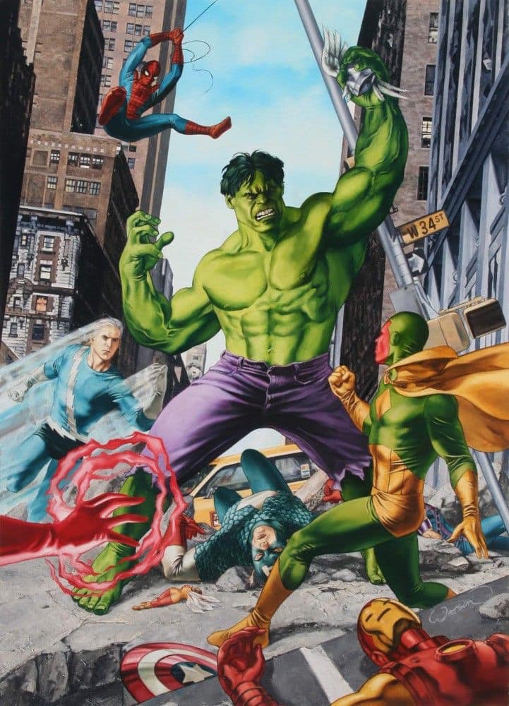 Superhero Battle Urban Scene Print Poster