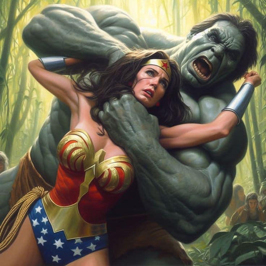 Superhero Battle Wonderwoman Hulk Jungle Print Poster