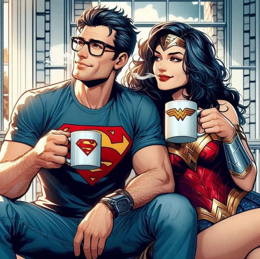Superhero Couple Coffee Time Print Poster