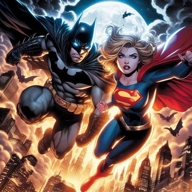 Superhero Duo Batman Supergirl Flight Print Poster