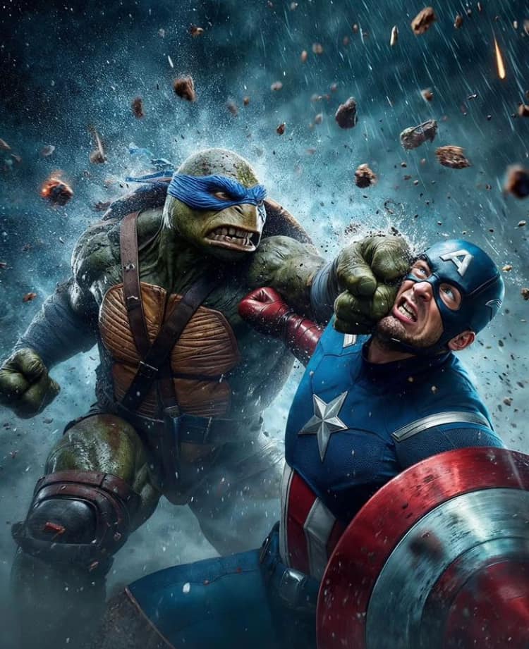 Superhero Fight Raphael Vs Captain America Print Poster