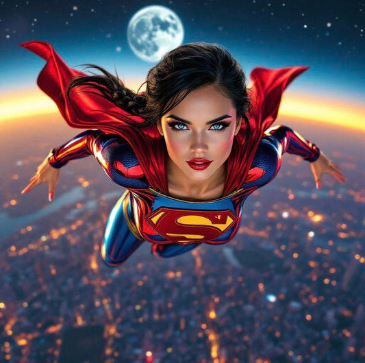 Superhero Flying Cityscape Moonlight Print Poster