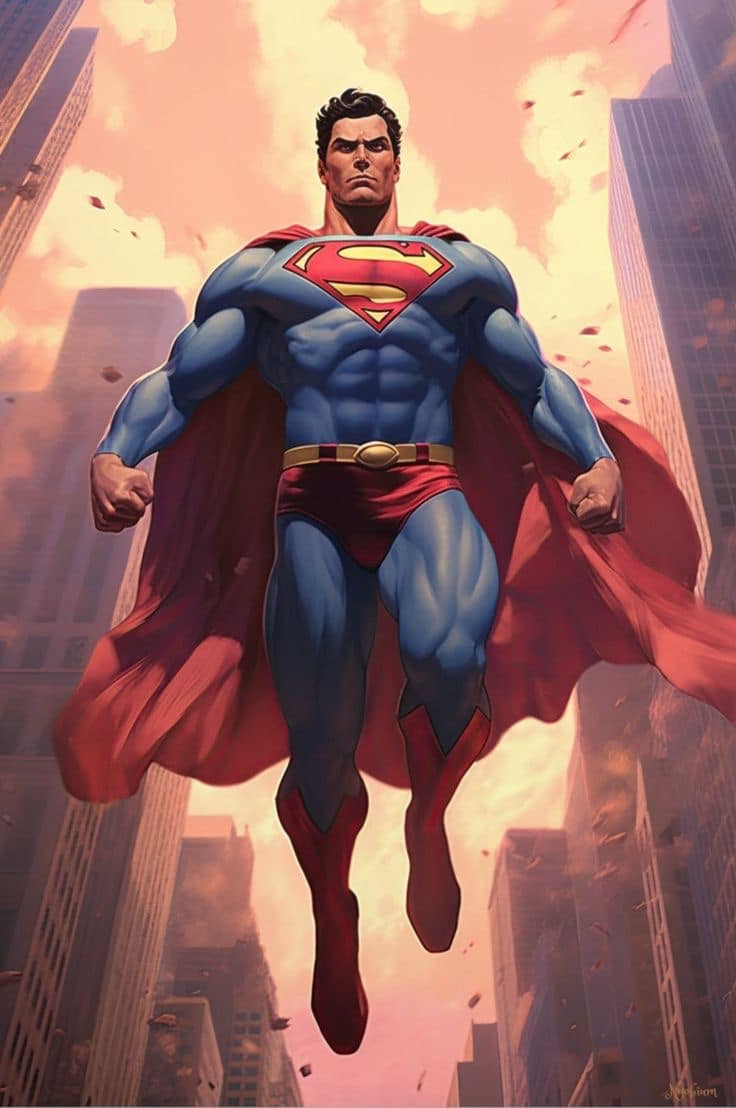 Superhero Flying In City Sunset Print Poster