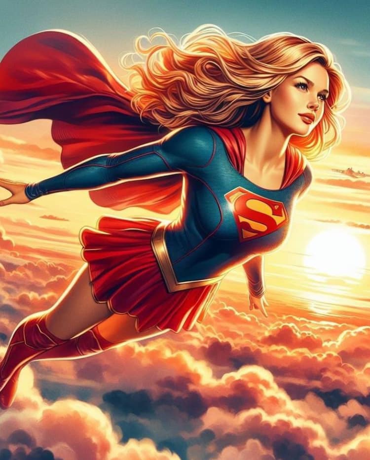 Superhero Flying Sunset Print Poster