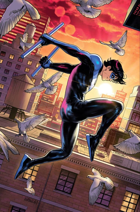 Superhero Leaping Over City Skyline With Doves Print Poster