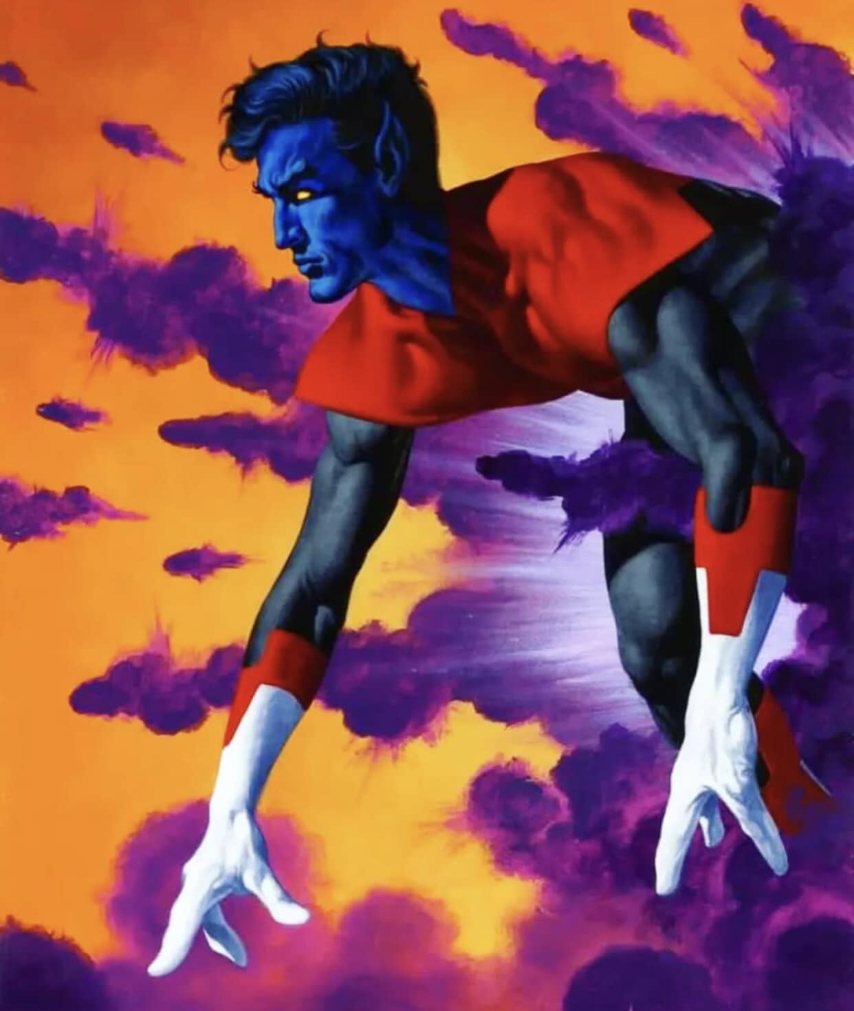 Superhero Portrait Flying Blue Background Print Poster