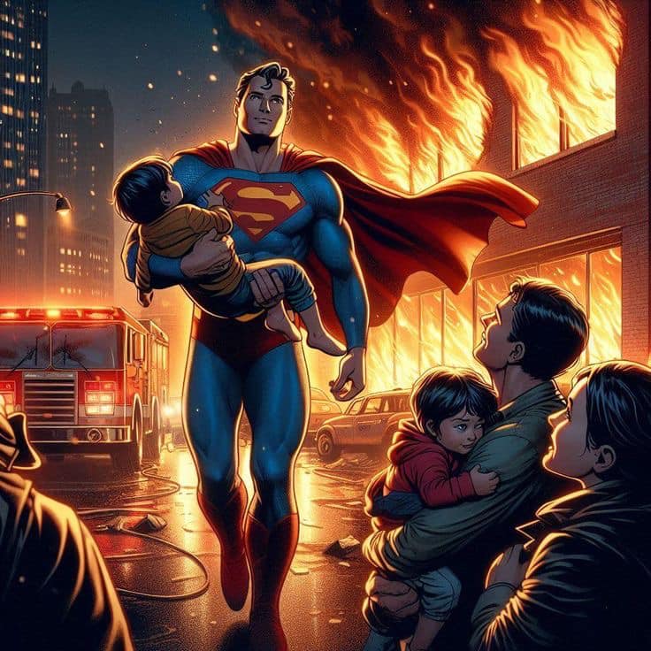 Superhero Rescue Fire Scene Print Poster