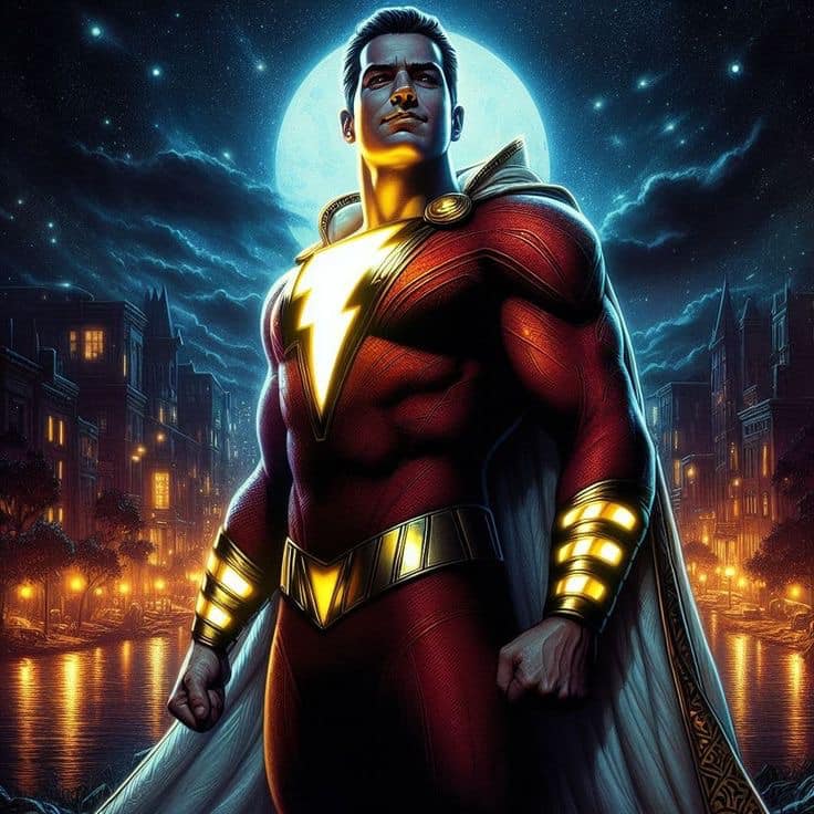 Superhero Shazam Moonlit Cityscape Print Poster