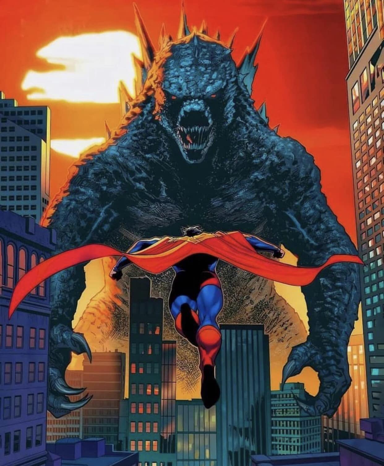 Superhero Vs Godzilla Sunset Showdown Print Poster