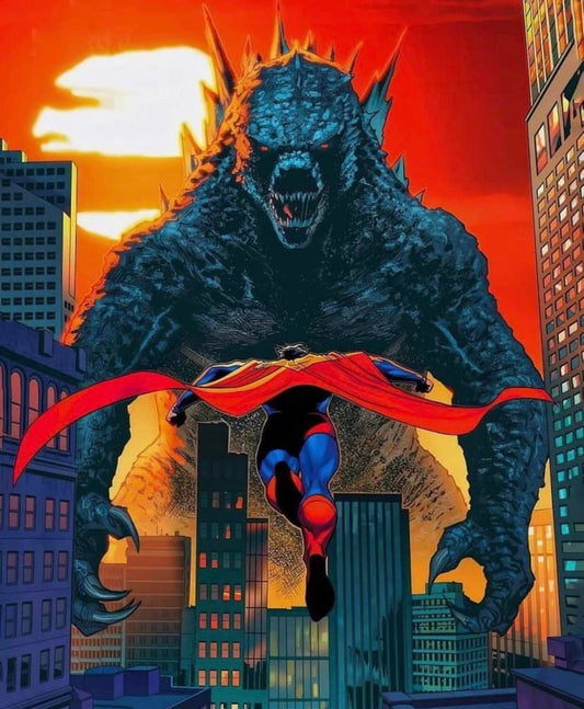 Superhero Vs Godzilla Sunset Showdown Print Poster
