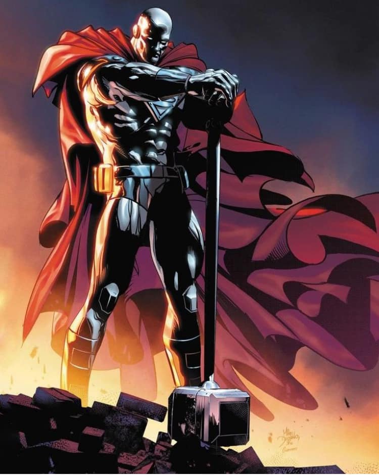 Superhero With Hammer Background Print Poster