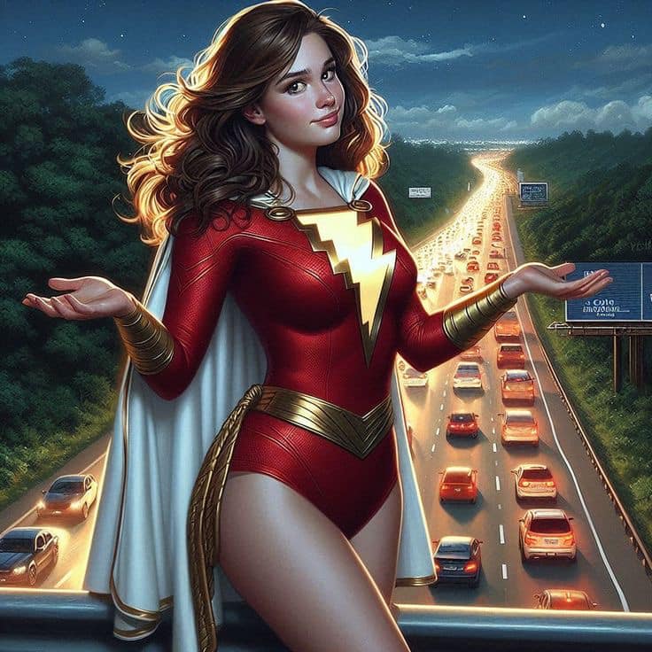 Superhero Woman Highway Sunset Print Poster