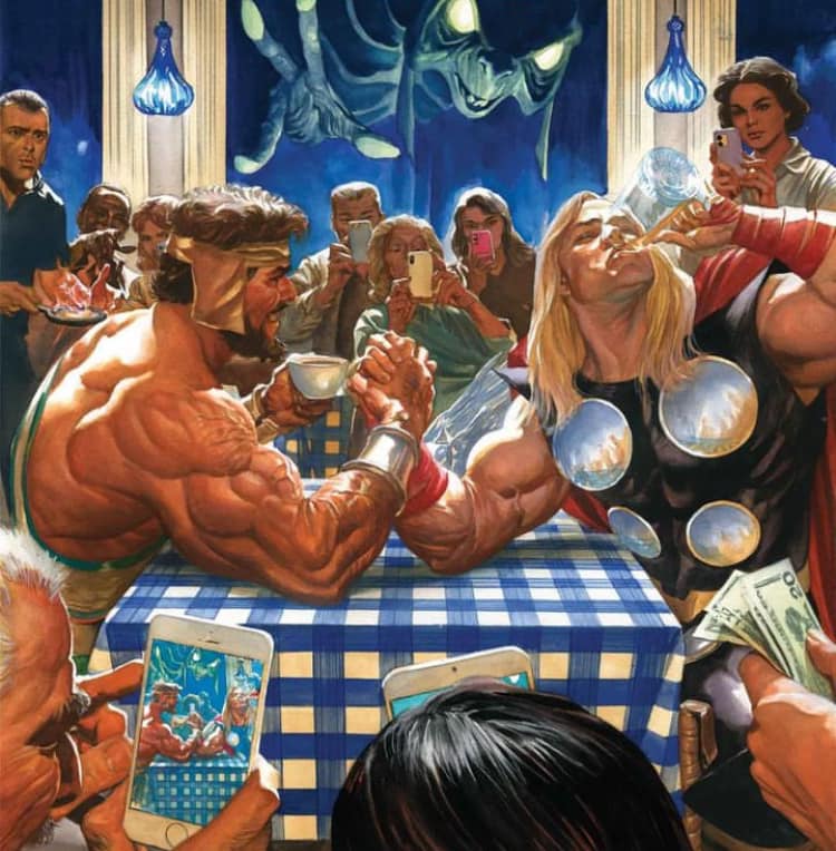 Superheroes Arm Wrestling In Cafe Print Poster