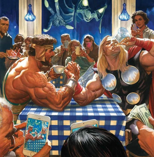 Superheroes Arm Wrestling In Cafe Print Poster