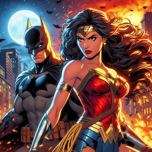 Superheroes Batman Wonderwoman Cityscape Print Poster