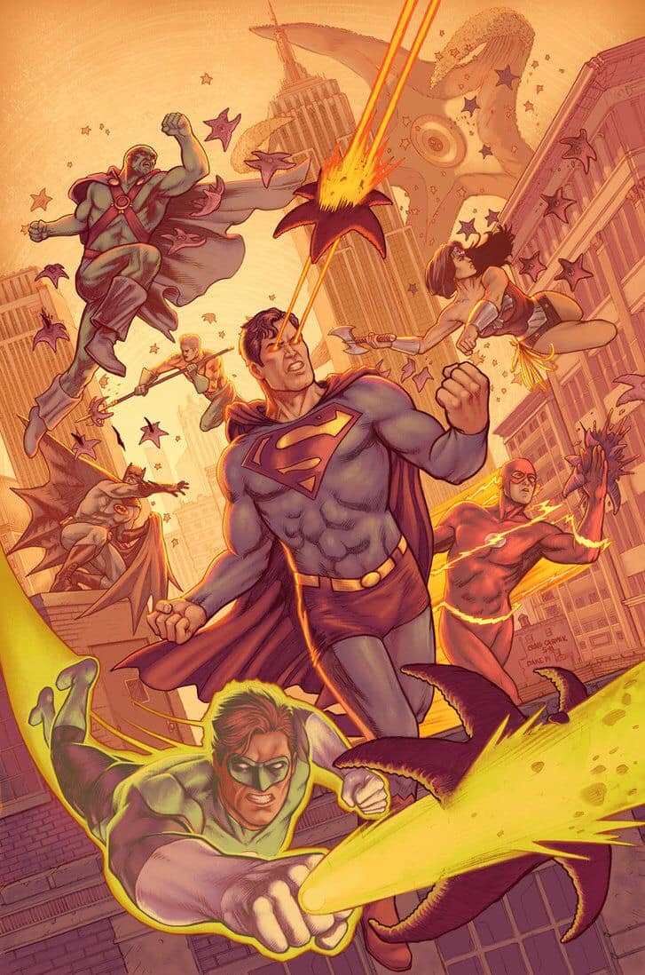 Superheroes Battle Cityscape Print Poster