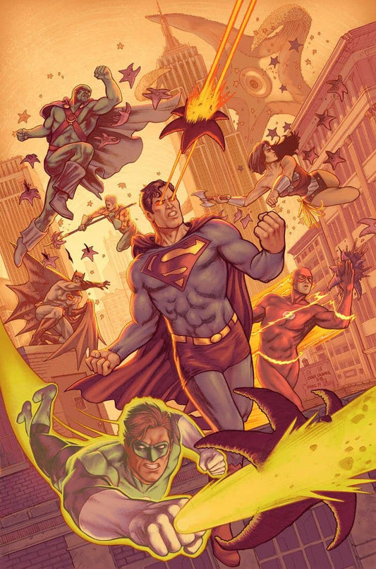 Superheroes Battle Cityscape Print Poster
