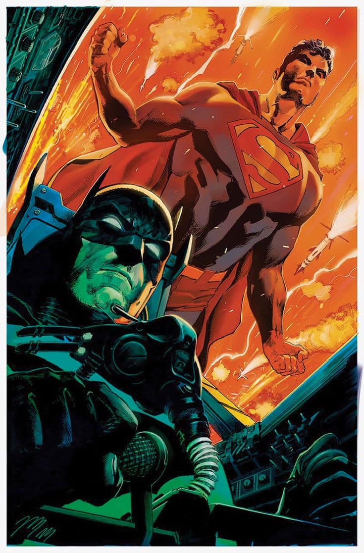 Superheroes Battle Skyline Print Poster