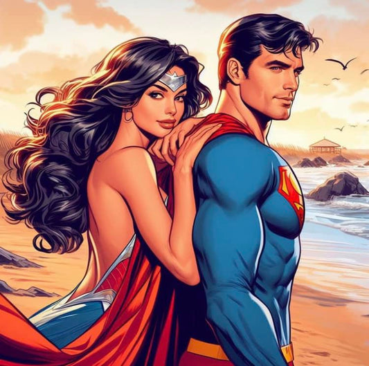 Superheroes Beach Sunset Print Poster