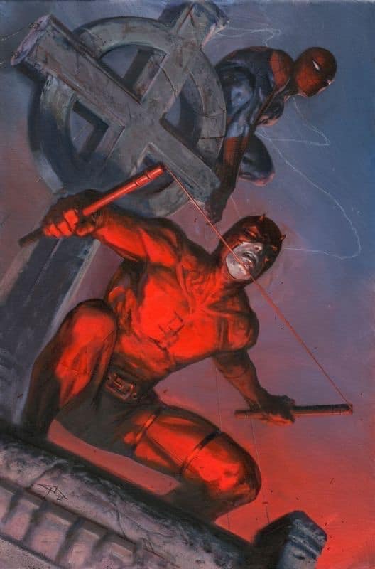Superheroes Daredevil Spiderman Cityscape Print Poster