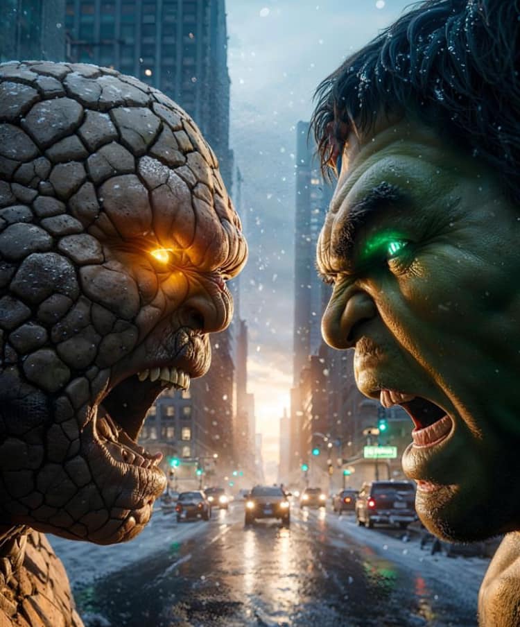 Superheroes Fight City Snow Print Poster