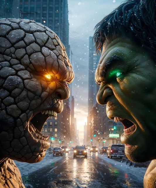 Superheroes Fight City Snow Print Poster
