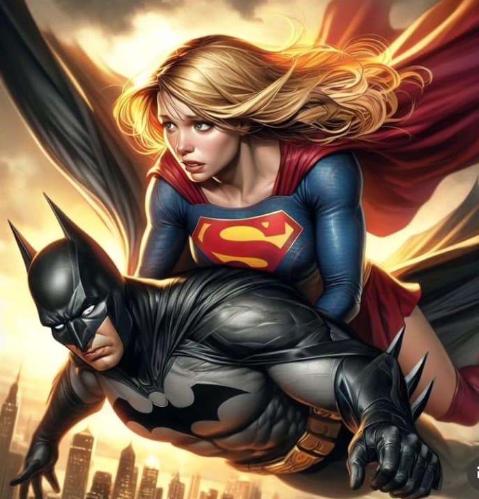 Superheroes Flying Batman Supergirl Print Poster
