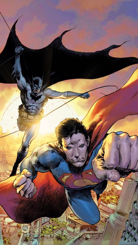 Superheroes Flying Batman Superman Action Scene Print Poster
