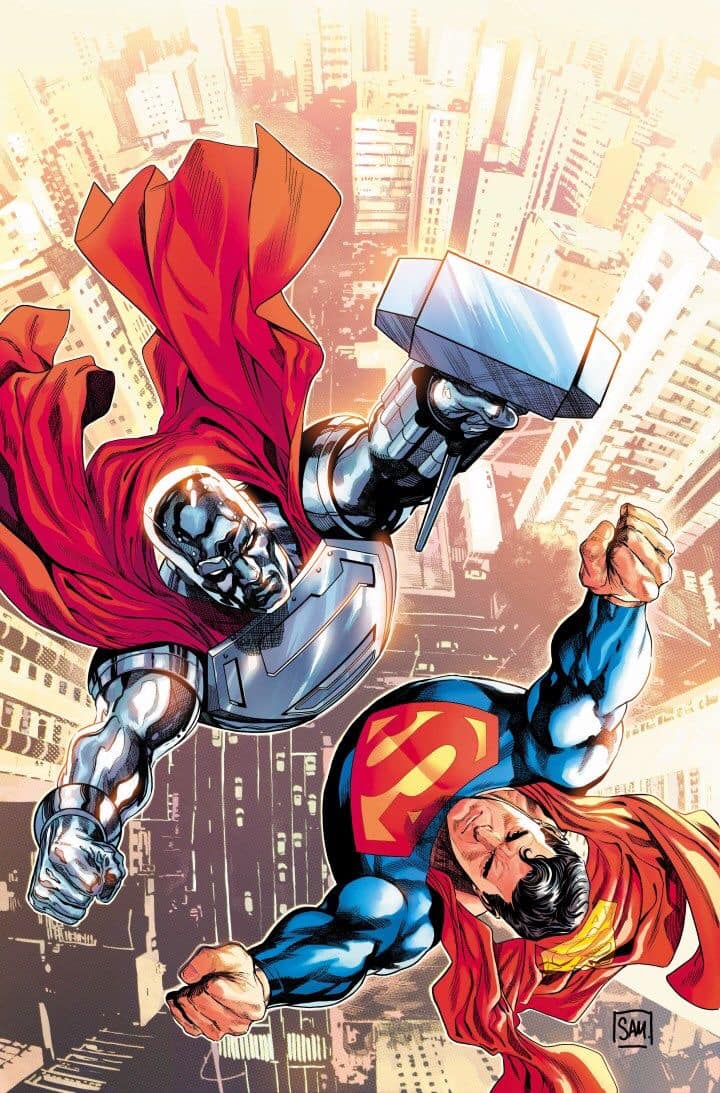 Superheroes Flying Cityscape Print Poster