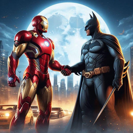 Superheroes Handshake Moonlit Cityscape Print Poster