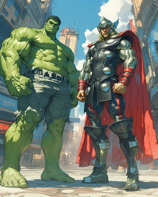 Superheroes Hulk Thor Street Scene Print Poster