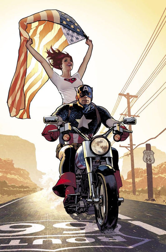 Superheroes Motorcycle Flag Route66 Print Poster
