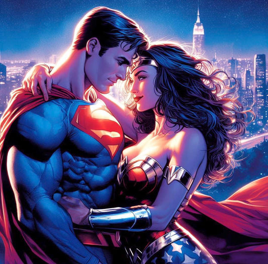 Superheroes Romance New York Nightscape Print Poster