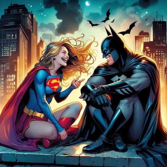 Superheroes Skyline Batman Supergirl Print Poster