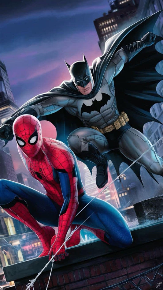 Superheroes Spiderman And Batman In Cityscape Print Poster